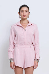 Pino Twist Shirt in Pink by Pfeiffer, open-back twist detail shirt with button front for modern tailored styling.

