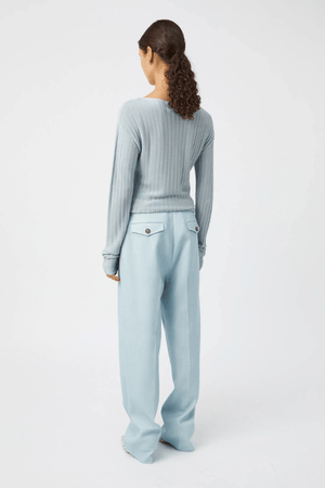 Gehry Pant Chalky Blue by Camilla and Marc, tailored mid-rise wool pant with pintuck detail, flap pockets, and a sleek, structured silhouette.