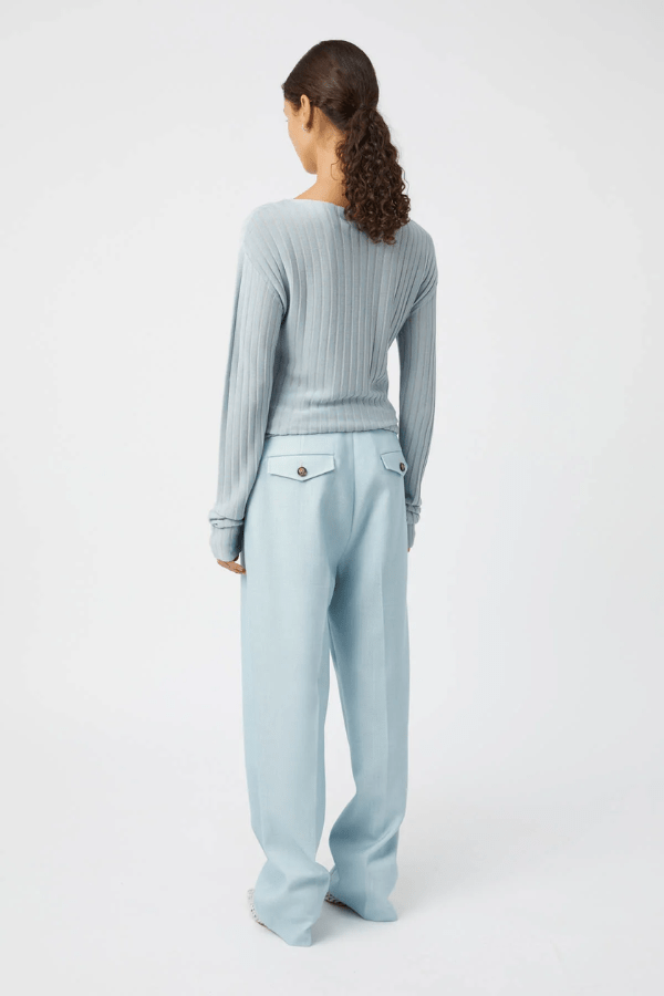 Gehry Pant Chalky Blue by Camilla and Marc, tailored mid-rise wool pant with pintuck detail, flap pockets, and a sleek, structured silhouette.