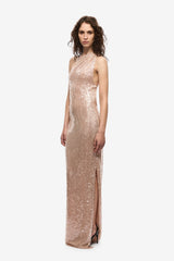 Nicolette Lace Sequin Dress Soft Pink by Misha, sequin halter dress with column fit, perfect for evening events and formal occasions