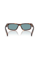 Prada Rectangular Acetate Sunglasses, classic tortoise frame with green polar lenses and wide temples accented by metal logo plaques.