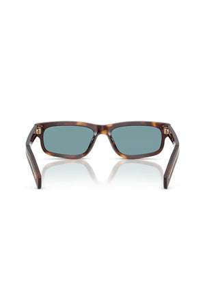 Prada Rectangular Acetate Sunglasses, classic tortoise frame with green polar lenses and wide temples accented by metal logo plaques.