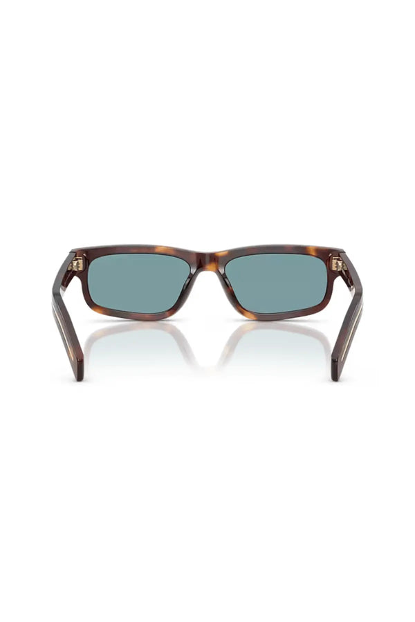 Prada Rectangular Acetate Sunglasses, classic tortoise frame with green polar lenses and wide temples accented by metal logo plaques.