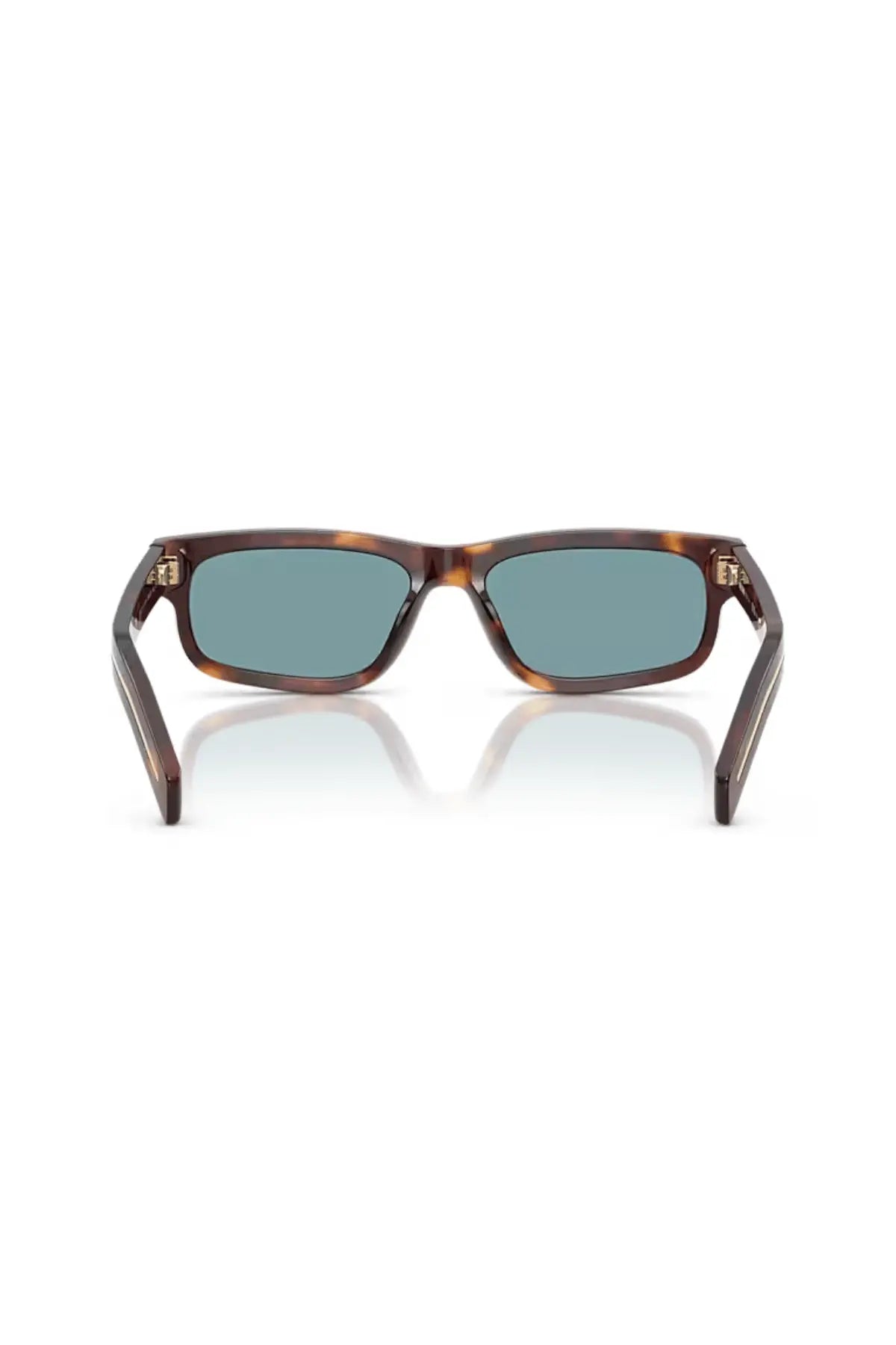 Prada Rectangular Acetate Sunglasses, classic tortoise frame with green polar lenses and wide temples accented by metal logo plaques.