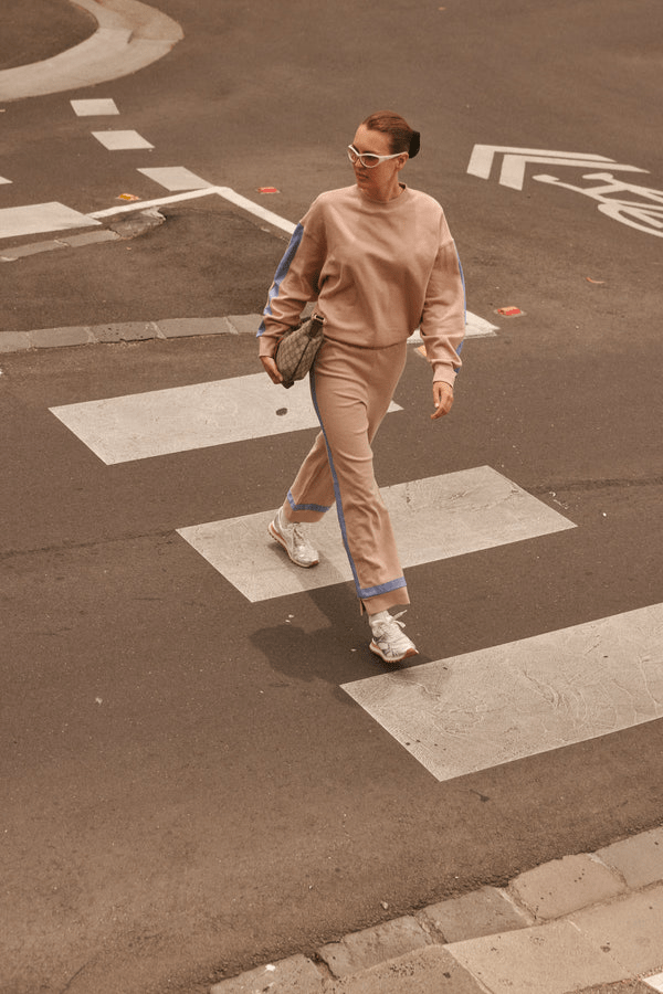 Maya Knit Pant Nougat by Araminta James, soft cotton knit pants with contrast trims and split hems, perfect for chic, comfortable leisurewear looks.