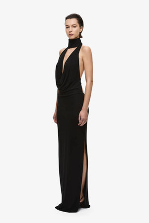 The Cowl Neck Jersey Dress Black by Misha, plunging halter maxi dress with sculptural open back detailing