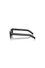 Prada sunglasses in black with Polar Black lenses, featuring signature rivet and logo detailing. A sleek, modern everyday luxury style.