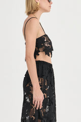 Luna Crop Top by Solaqua Studio, noir cotton lace crop top with scalloped edges and delicate straps. Perfect for elegant evening sets.