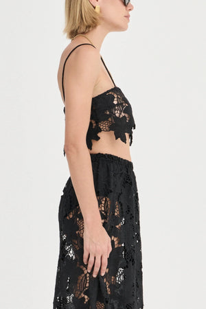 Luna Crop Top by Solaqua Studio, noir cotton lace crop top with scalloped edges and delicate straps. Perfect for elegant evening sets.