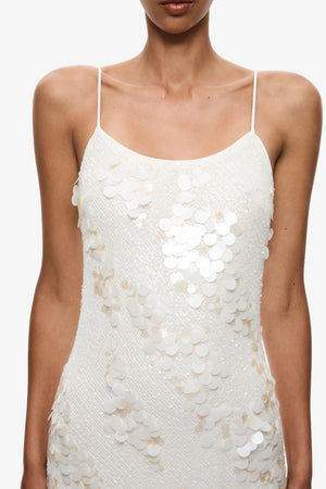 Devina Sequin Dress by Misha — a shimmering mesh gown with fine straps and a fluid draped fit, perfect for elegant evening events.