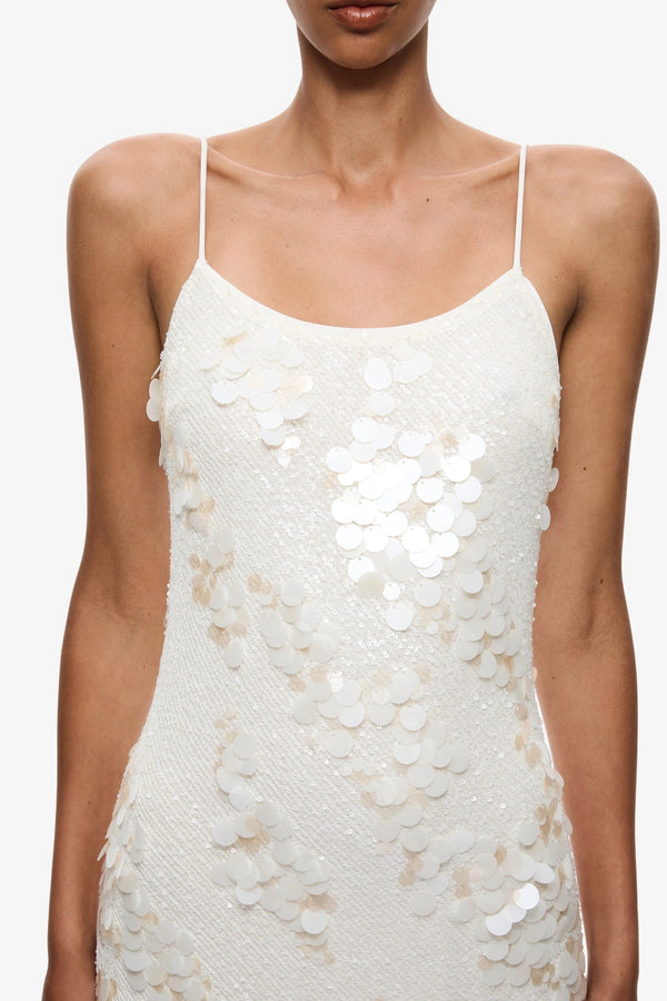 Devina Sequin Dress by Misha — a shimmering mesh gown with fine straps and a fluid draped fit, perfect for elegant evening events.