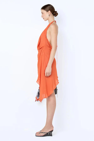 Sabrina Mini Dress by Bec + Bridge, a wrap georgette silhouette with draped waist and cowl back. Perfect for cocktails or events.
