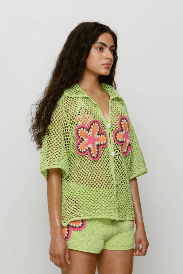 Elke Crochet Shirt Lime by The Wolf Gang, handwoven cotton shirt with floral crochet detail, artisan-made in Bali for an elevated resort look.