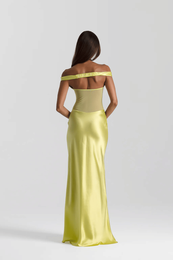 Gwyneth Gown Chartreuse by Natalie Rolt – Sculptural silk and mesh gown handcrafted in Australia for striking, modern occasionwear