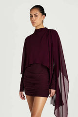 Silas Mini Dress by Benni, ruched jersey mini dress with chiffon cape, perfect for events or evening styling