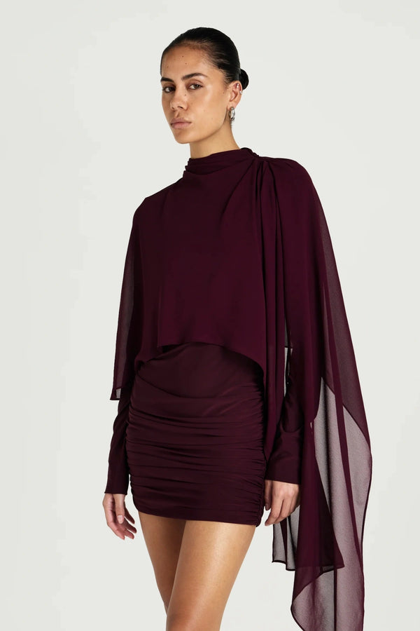 Silas Mini Dress by Benni, ruched jersey mini dress with chiffon cape, perfect for events or evening styling