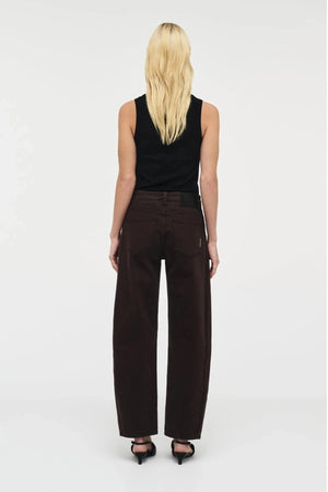 Amber Barrel Sable by Neuw Denim, mid-rise slim barrel jeans in rich brown with subtle stretch for a structured yet comfortable fit.