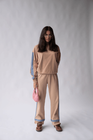 Maya Knit Pant Nougat by Araminta James, soft cotton knit pants with contrast trims and split hems, perfect for chic, comfortable leisurewear looks.