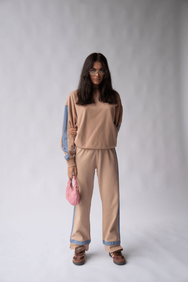 Maya Knit Pant Nougat by Araminta James, soft cotton knit pants with contrast trims and split hems, perfect for chic, comfortable leisurewear looks.