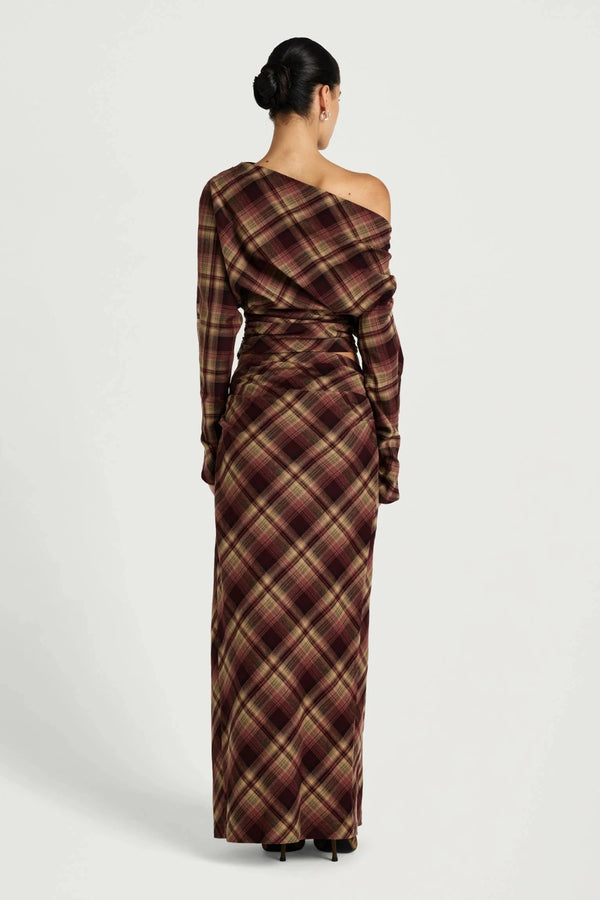 Ramona Maxi Skirt Plum Check by Benni, tartan maxi skirt with leg split, perfect for elevated evening styling