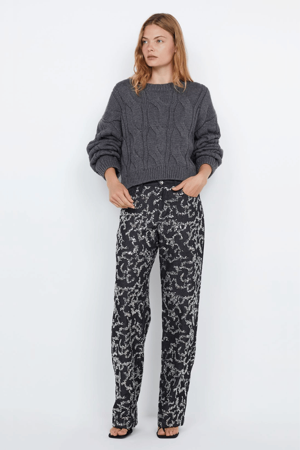 Kinsley Sequin Pant Charcoal Silver by Bec + Bridge, dazzling sequin denim with mid-waist fit, straight leg, and rolled hem, perfect for viral party looks.