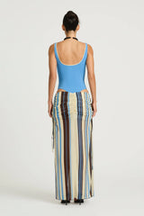 Addison Bodysuit by Benni, ocean blue racer bodysuit with deep plunge neckline, low scoop back and smooth form-fitting stretch.