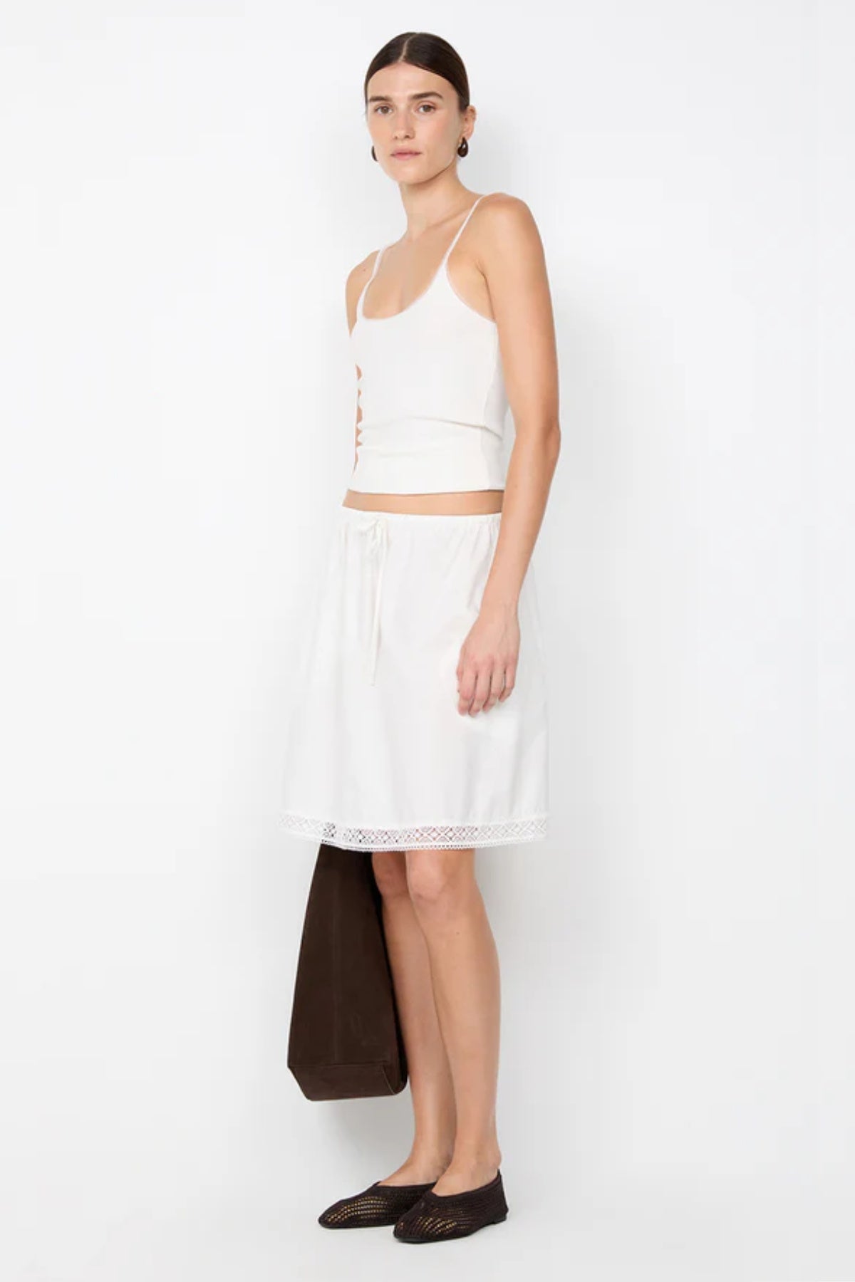 Emerson Tank in Ivory by Bec + Bridge, a ribbed cotton tank with sheer tulle trim and scoop neckline. Perfect for everyday layering or polished looks.