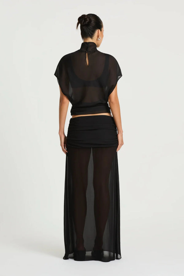 Dorothea Top in Black by Benni, a draped chiffon top with a high neckline, gathered waist detail, and optional matching bralette.