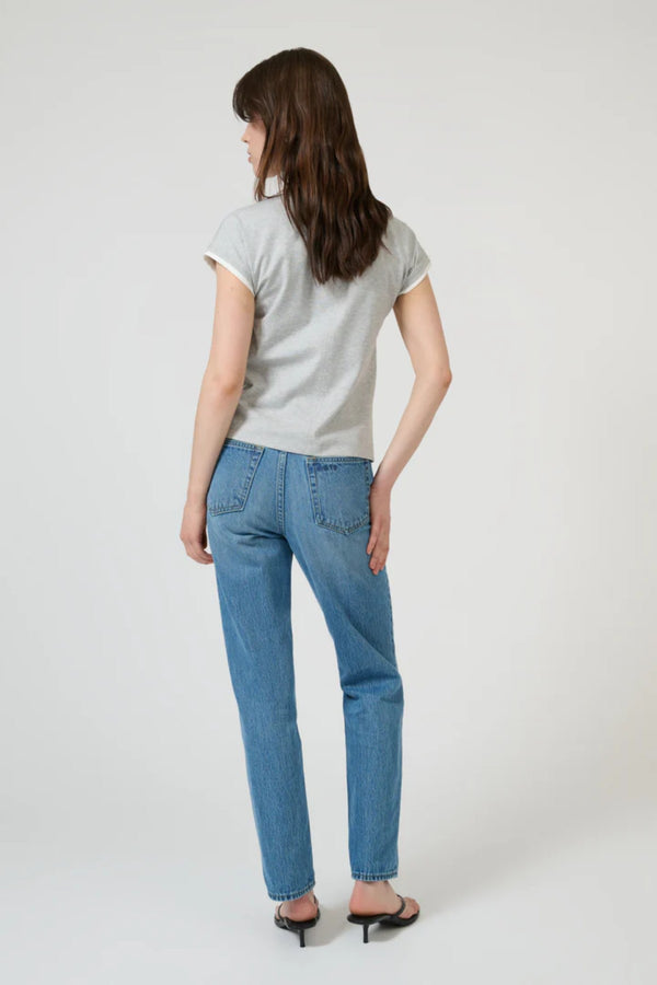 Solana Tee in Grey Marle/White by Onte, slim cotton blend t-shirt with cap sleeves and layered neckline detail.