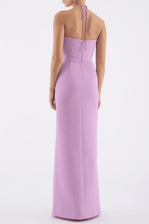 Chantara Halter Gown Lilac by Rebecca Vallance – Crepe midi with halter neck, starfish applique, fitted bodice & back split.