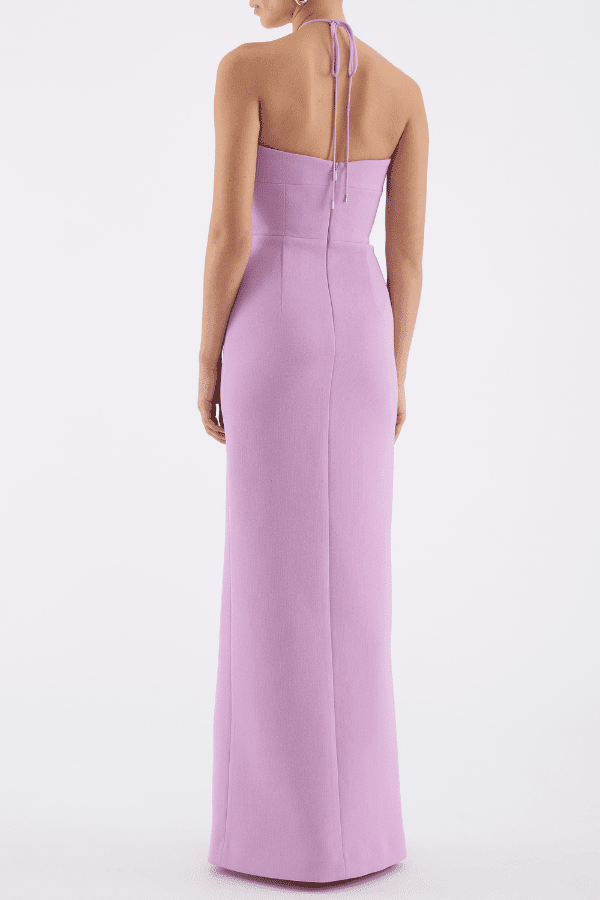 Chantara Halter Gown Lilac by Rebecca Vallance – Crepe midi with halter neck, starfish applique, fitted bodice & back split.