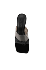 Sienna Heel Black by Lana Wilkinson, thong heel with lucite wedge and vinyl upper, perfect for day to night styling