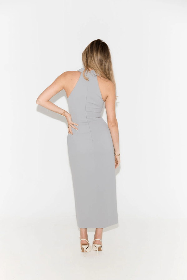 The Ultimate Muse Collar Maxi Dress Grey by Odd Muse – A sleek, trendy maxi with sharp collar, button-down front, and front slit, perfect for summer dinners and holiday looks.