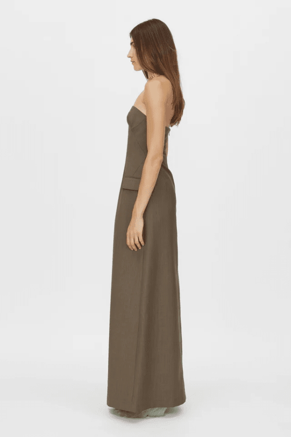 Emmett Dress Coffee by Camilla and Marc – A tailored maxi with structured internal bodice, elegant centre front split, and refined details, perfect for sophisticated occasions.