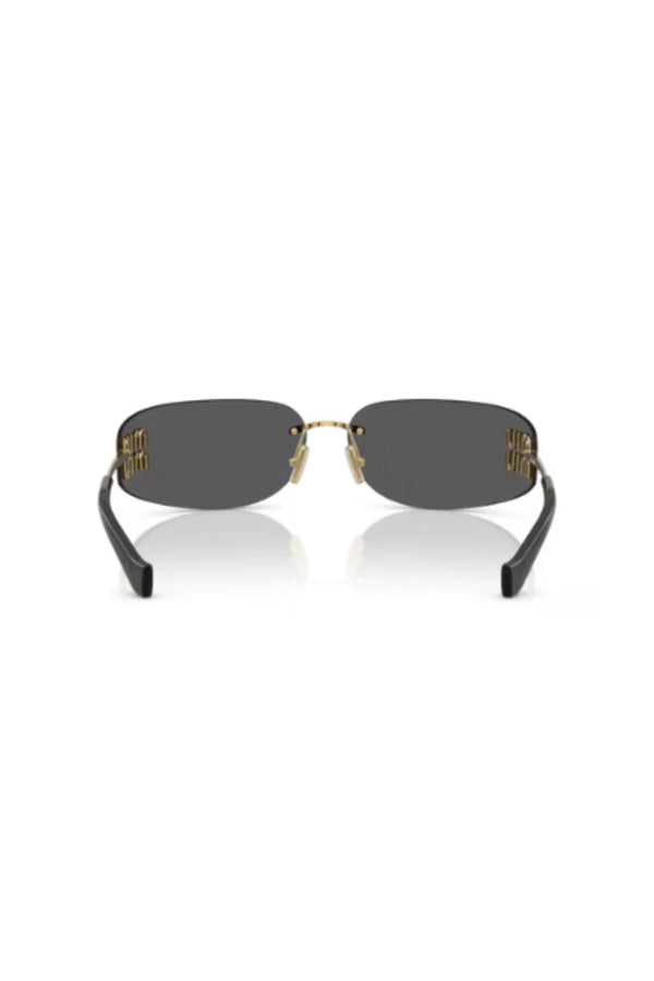 MU A51S Gold W/ Dark Grey by Miu Miu – rimless wraparound rectangle sunglasses with gold metal temples and dark grey logo lenses.

