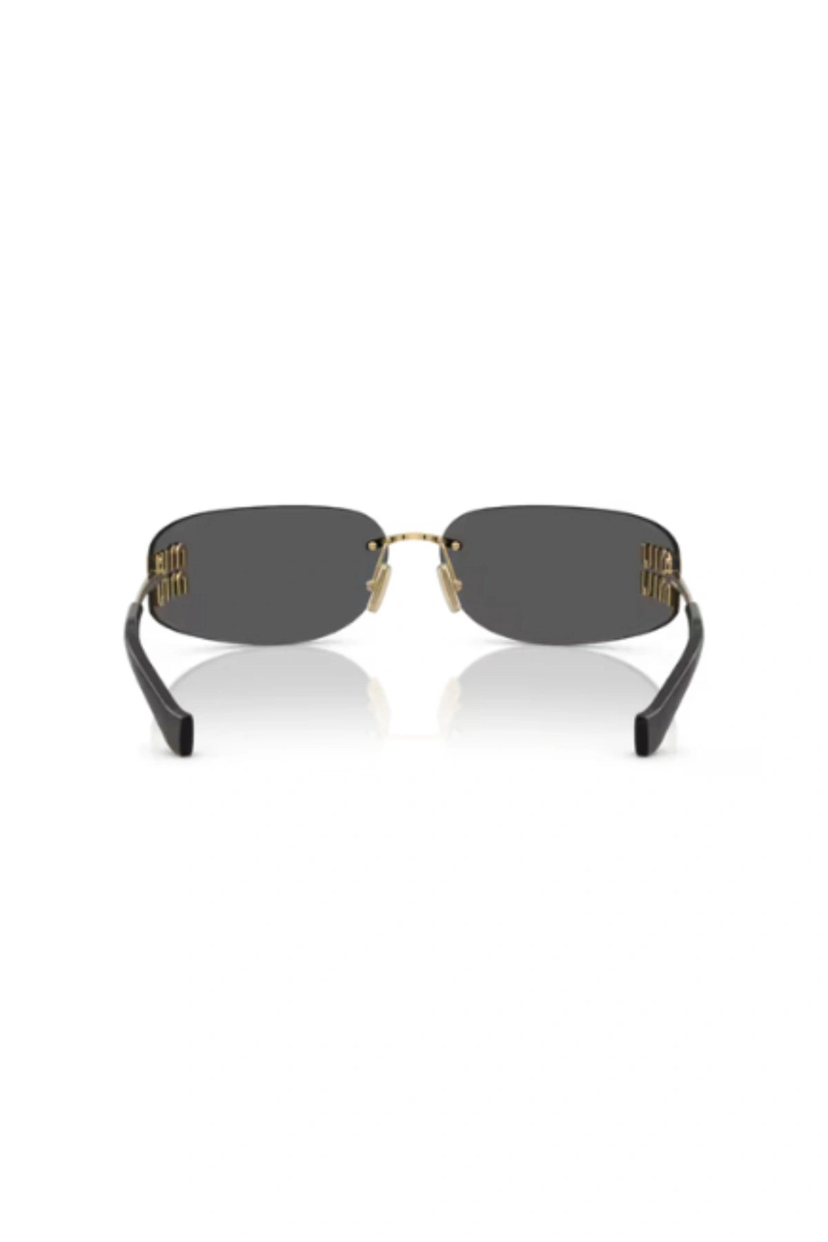 MU A51S Gold W/ Dark Grey by Miu Miu – rimless wraparound rectangle sunglasses with gold metal temples and dark grey logo lenses.
