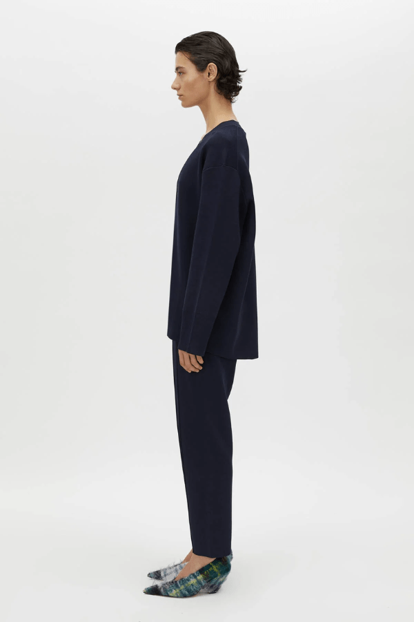Lyndon Knit Pant Navy by Camilla and Marc, soft knit pant with slim leg, ribbed waistband with drawcords, and signature pin stitch detailing for a polished fit.