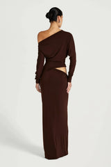 Enya Maxi Dress Chocolate by Benni, off shoulder jersey gown with twist waist, perfect for events or evening styling