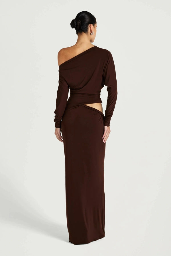 Enya Maxi Dress Chocolate by Benni, off shoulder jersey gown with twist waist, perfect for events or evening styling