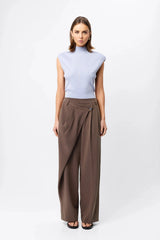 Quiet Force Top by Mossman in sky blue, ribbed sleeveless turtleneck with removable shoulder pads for sleek everyday styling.
