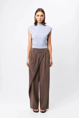 Quiet Force Top by Mossman in sky blue, ribbed sleeveless turtleneck with removable shoulder pads for sleek everyday styling.
