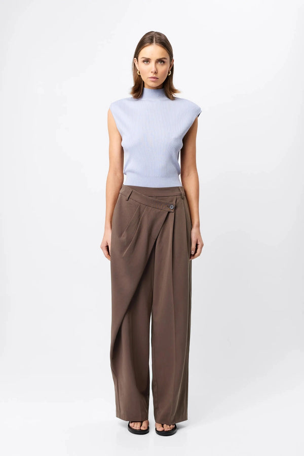 Quiet Force Top by Mossman in sky blue, ribbed sleeveless turtleneck with removable shoulder pads for sleek everyday styling.
