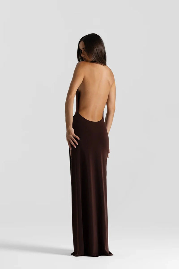 Winona Gown Espresso by Natalie Rolt, halter maxi dress with draped detail, perfect for formal events and evening styling