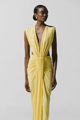 Pia Maxi Dress Giallo Chiaro by Baobab – ruched maxi dress with side cut outs, cascading details and front slit.
