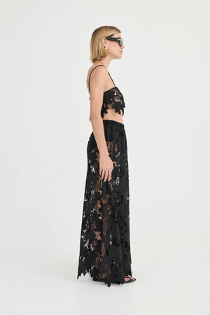Margaux Skirt by Solaqua Studio, noir crochet floral lace maxi skirt with elastic waist and elegant fluid silhouette.