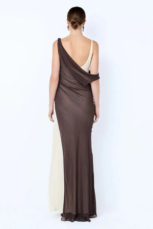 Augustin Asym Maxi Dress by Bec and Bridge, dark chocolate layered maxi with asym neckline and high split.