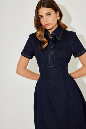 The Ultimate Muse Denim Collared Midi Dress Blue