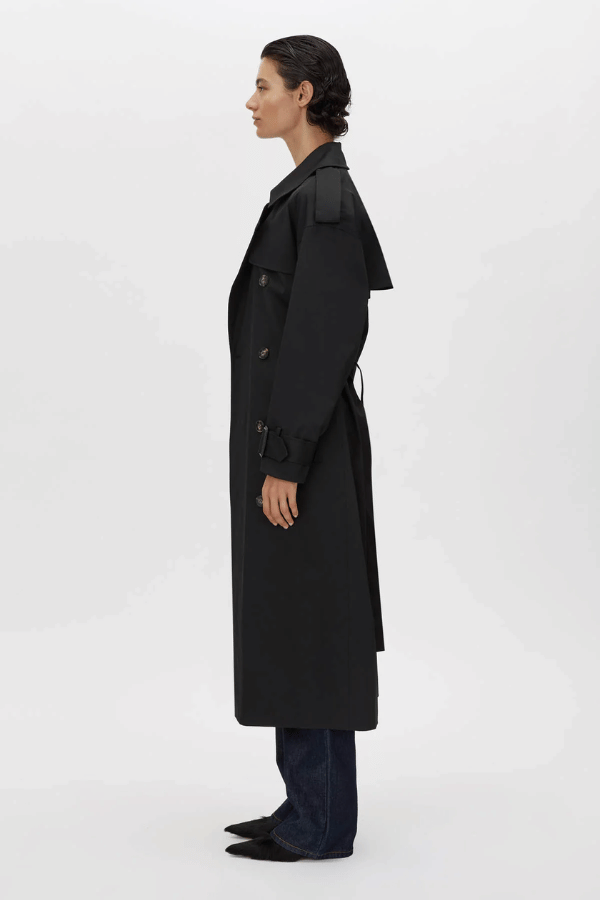 Evans Trench Coat Black by Camilla and Marc – oversized double-breasted trench with storm flaps and belt, perfect for chic layering across seasons.