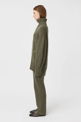 Pascal Cashmere Blend Pant Army Green by Camilla and Marc, luxe high-waisted knit with front creases and side splits, perfect for chic lounging or travel days.