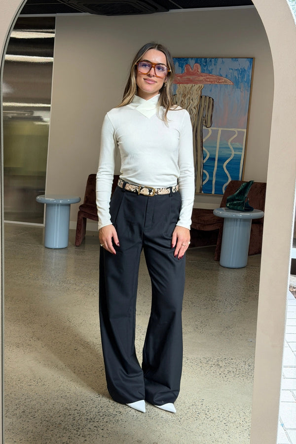Eloise High V Neck Knit Top Ivory by Sneaky Link, slimming long sleeve knit perfect for work or dinner styling